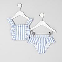 Mini girls blue stripe print bikini set