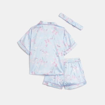 Mini Girls Blue Unicorn Satin Pyjama Set