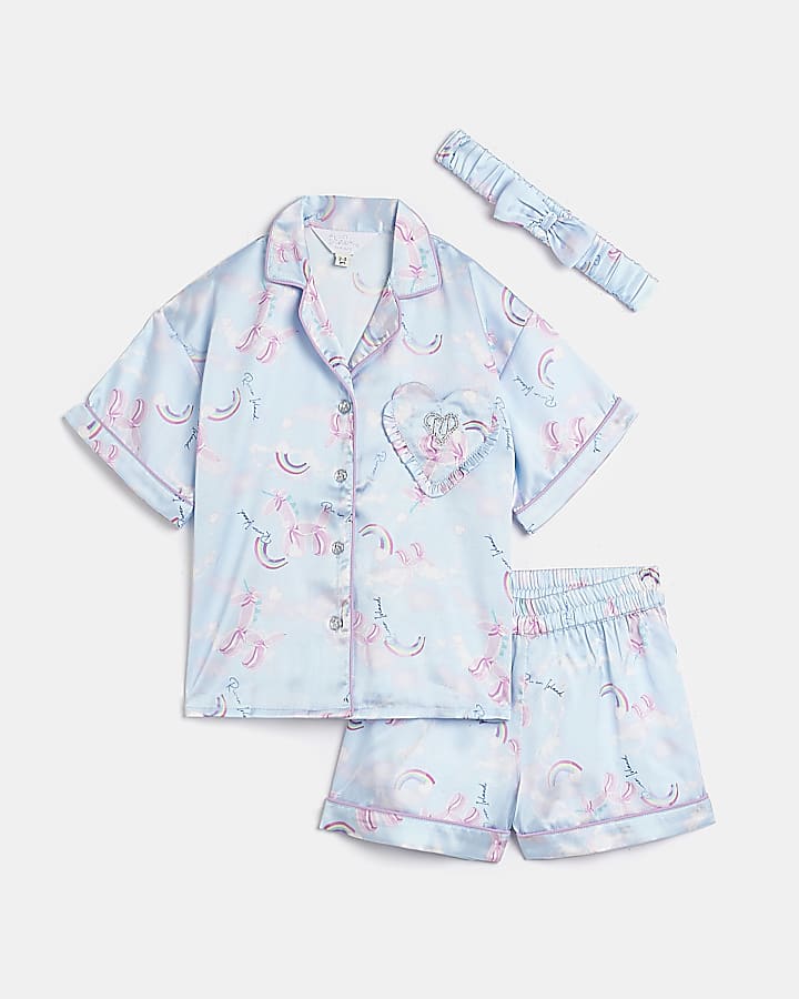 Mini Girls Blue Unicorn Satin Pyjama Set