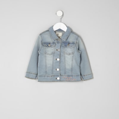 Mini girls blue wash embroidered denim jacket