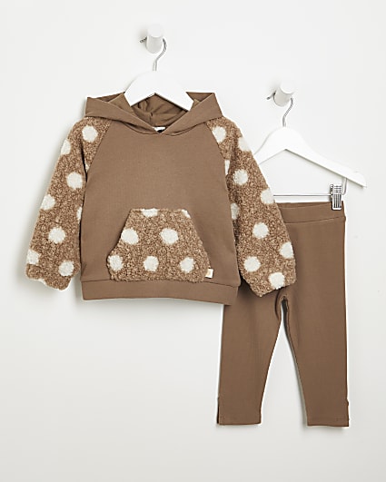 Mini girls brown borg hoodie and leggings set