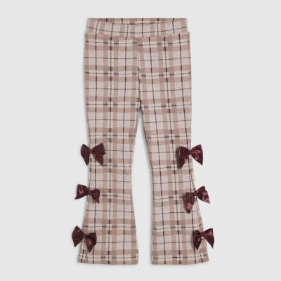 Mini Girls Brown Check Bow Flared Leggings