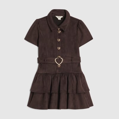 Mini Girls Brown Collared Faux Suede Dress