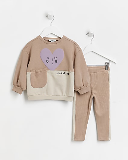 Mini girls brown colour block sweatshirt set
