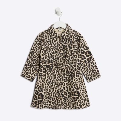 Mini Girls Brown Denim Leopard Dress River Island