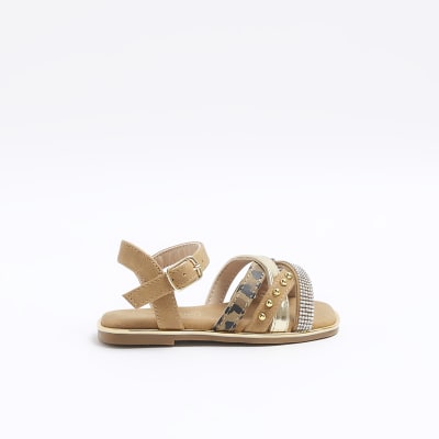 Mini girls brown embellished strap sandals | River Island