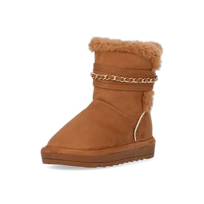 360 degree animation of product Mini Girls Brown Faux Fur Chain Strap Boots frame-0