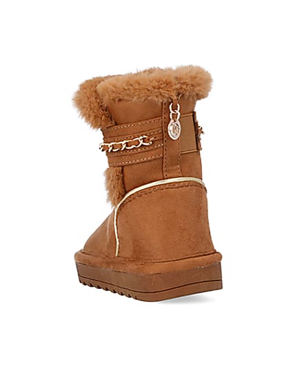 360 degree animation of product Mini Girls Brown Faux Fur Chain Strap Boots frame-8