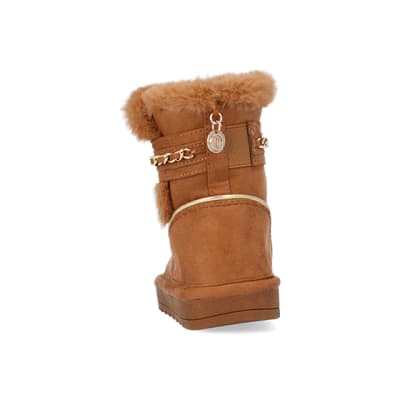 360 degree animation of product Mini Girls Brown Faux Fur Chain Strap Boots frame-9
