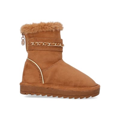 360 degree animation of product Mini Girls Brown Faux Fur Chain Strap Boots frame-16