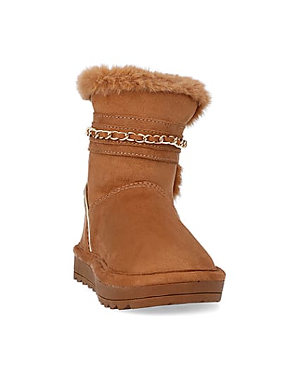 360 degree animation of product Mini Girls Brown Faux Fur Chain Strap Boots frame-20