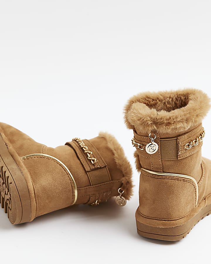 Mini Girls Brown Faux Fur Chain Strap Boots