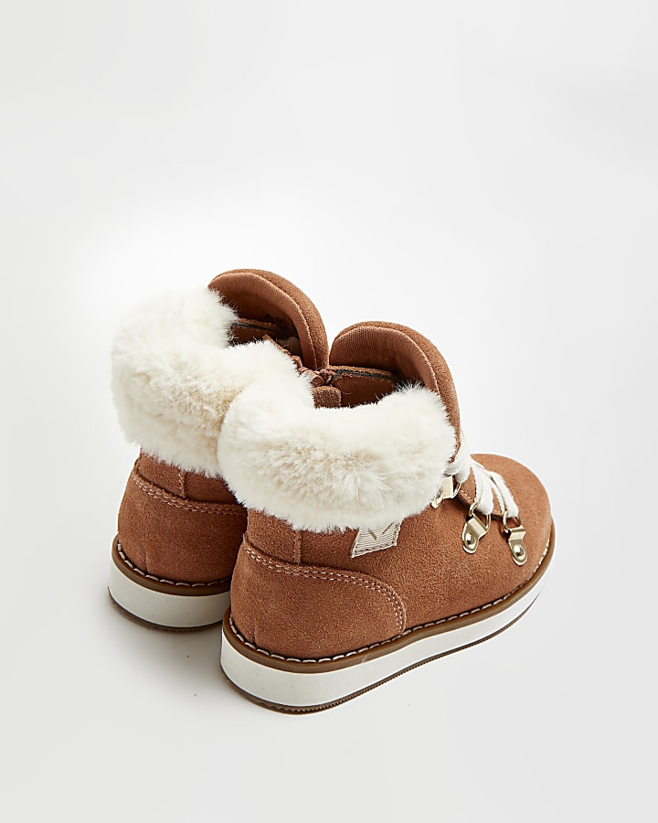 Mini girls brown faux fur lace up boots