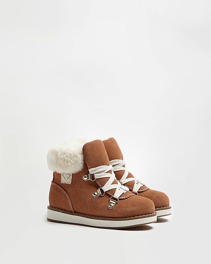 Mini girls brown faux fur lace up boots
