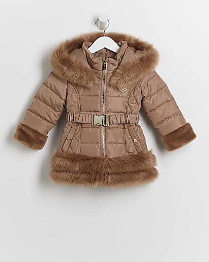 Mini girls brown faux fur puffer coat