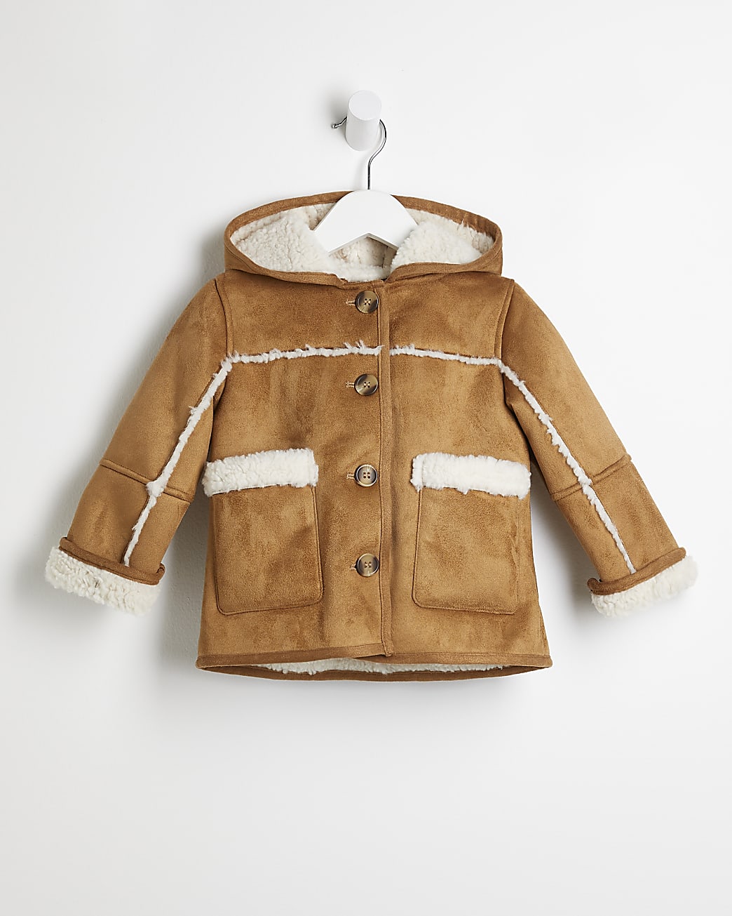Mini girls brown faux fur shearling coat