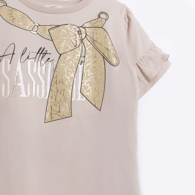 Mini Girls Brown Frill Bow Graphic T-shirt