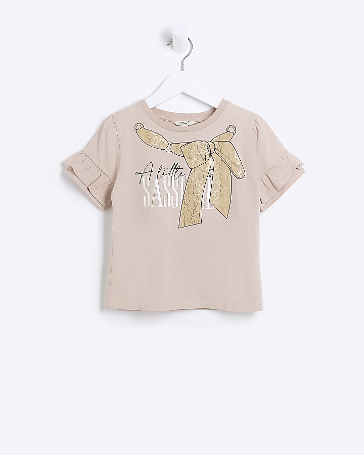 Mini Girls Brown Frill Bow Graphic T-shirt