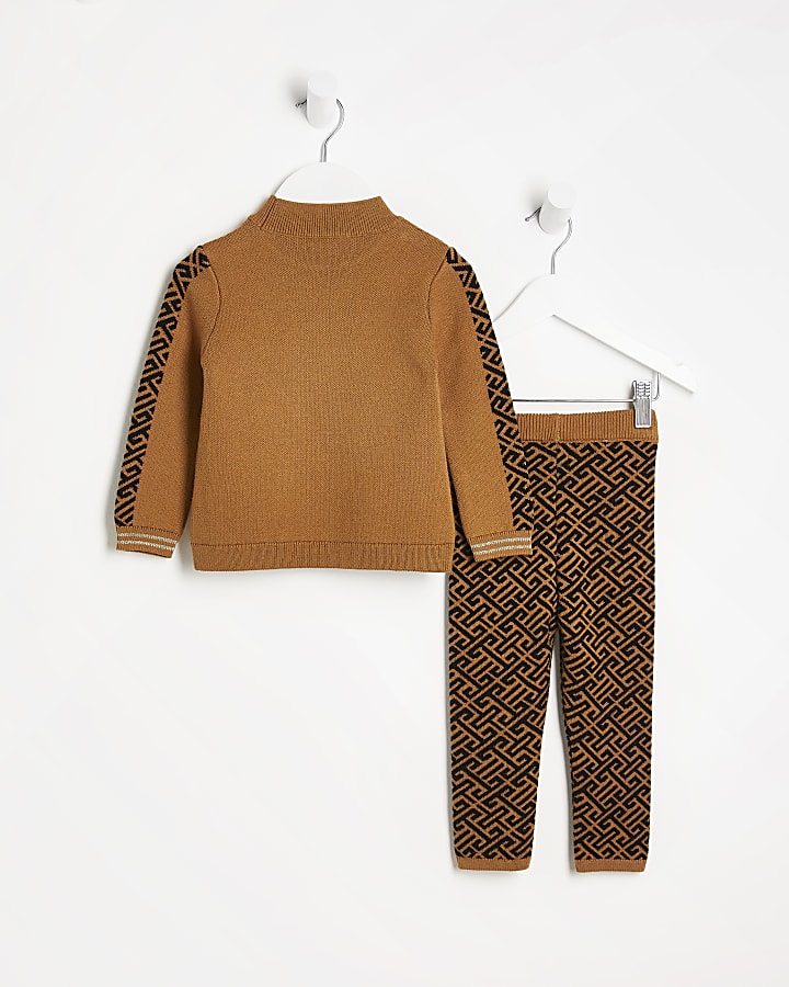 Mini girls brown knit monogram jumper outfit