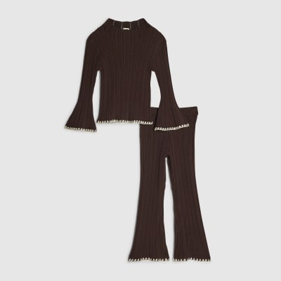 Mini Girls Brown Knit Whipstitch Top Set