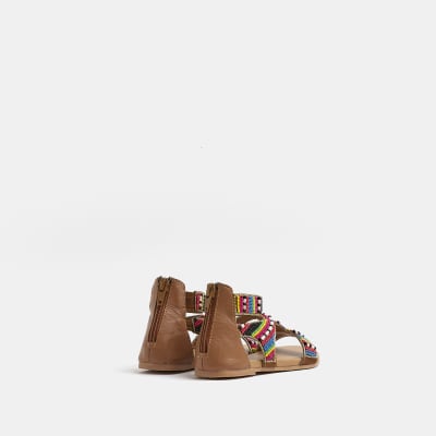 Mini girls brown leather beaded sandals