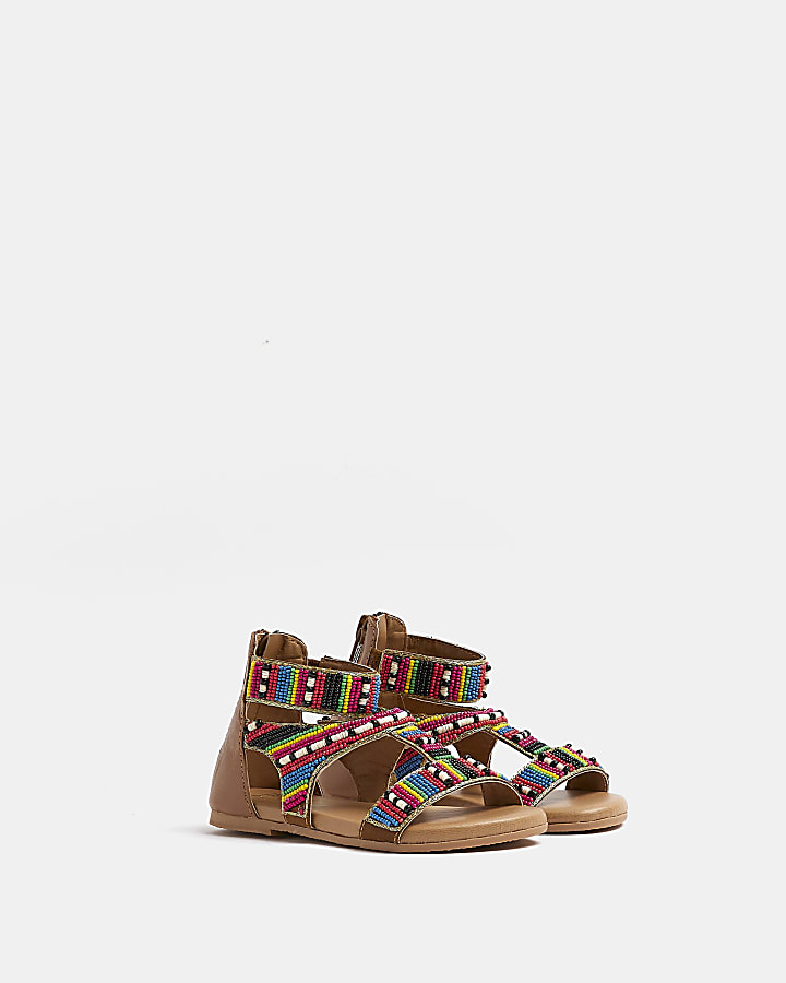 Mini girls brown leather beaded sandals