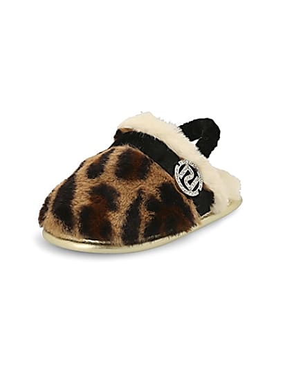 360 degree animation of product Mini girls brown leopard faux fur slippers frame-0