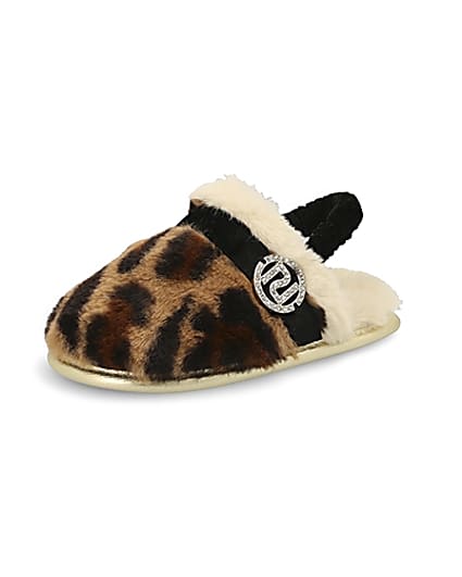 360 degree animation of product Mini girls brown leopard faux fur slippers frame-1
