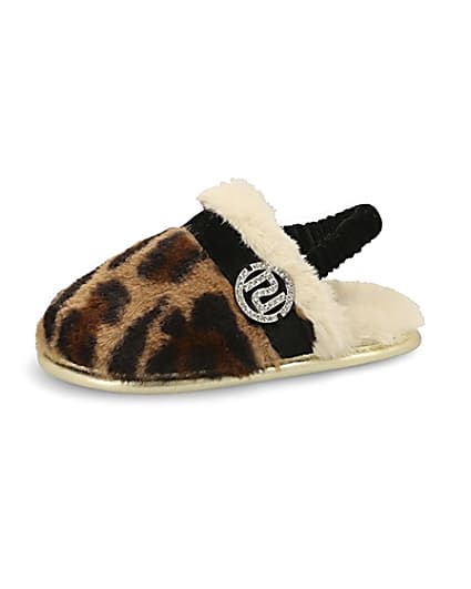 360 degree animation of product Mini girls brown leopard faux fur slippers frame-2