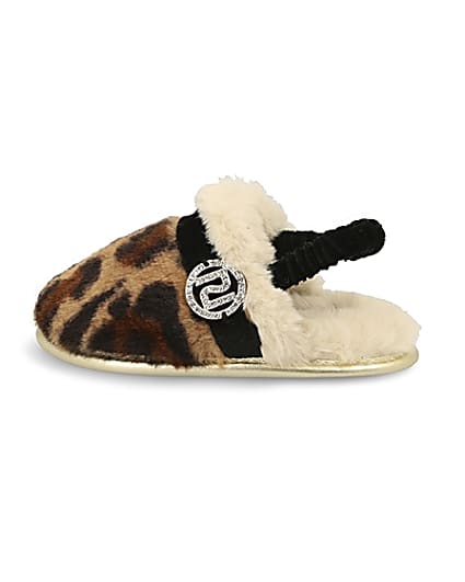360 degree animation of product Mini girls brown leopard faux fur slippers frame-4
