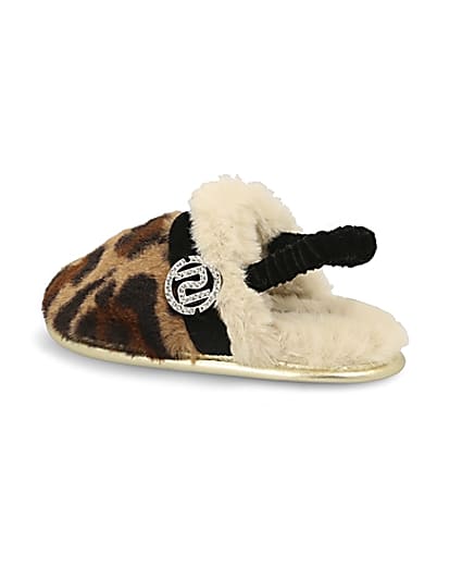 360 degree animation of product Mini girls brown leopard faux fur slippers frame-5