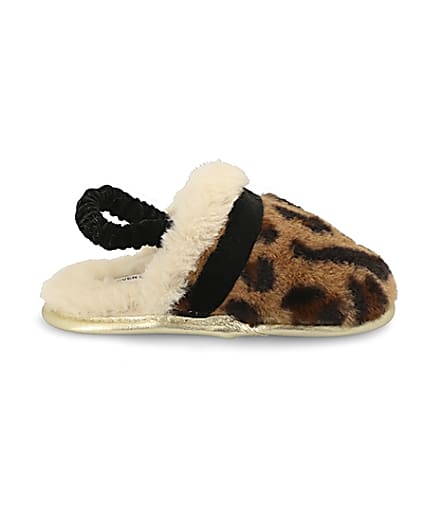 360 degree animation of product Mini girls brown leopard faux fur slippers frame-15