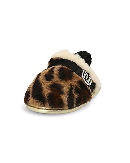 360 degree animation of product Mini girls brown leopard faux fur slippers frame-23
