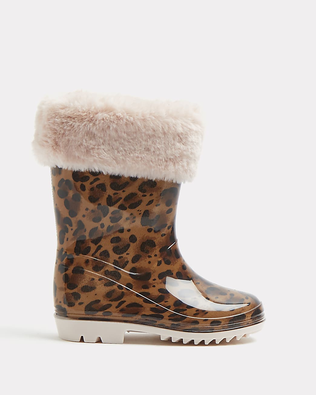 Mini girls brown leopard faux fur welly boots