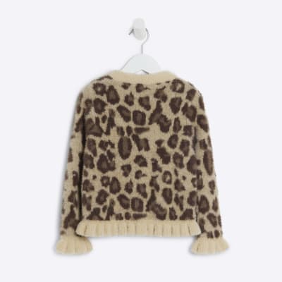 Mini girls brown leopard fluffy knit jumper River Island