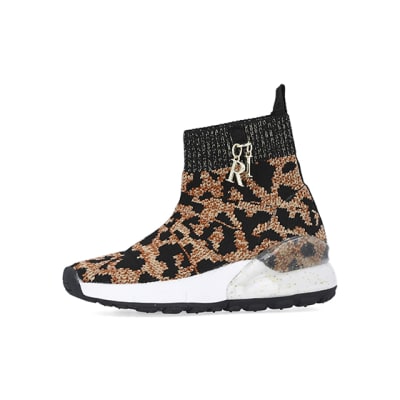 360 degree animation of product Mini girls brown leopard knitted trainers frame-2