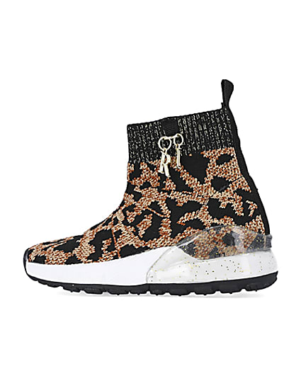 360 degree animation of product Mini girls brown leopard knitted trainers frame-4