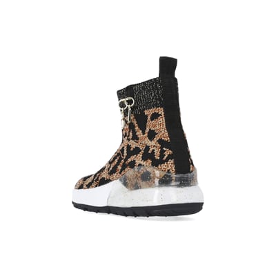 360 degree animation of product Mini girls brown leopard knitted trainers frame-7