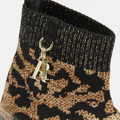 Mini girls brown leopard knitted trainers