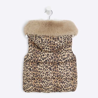 【ORDINARY JOY】Leopard Fur gilet Girls Brown Leopard Padded Gilet | River Island