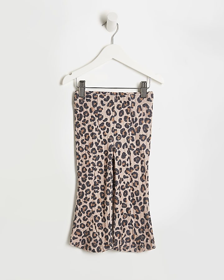 Mini girls brown leopard print flared trouser