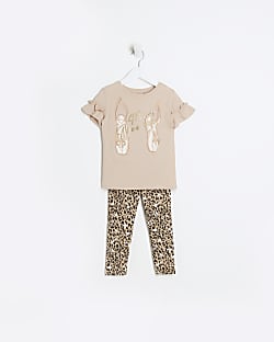 Mini girls brown leopard print leggings set