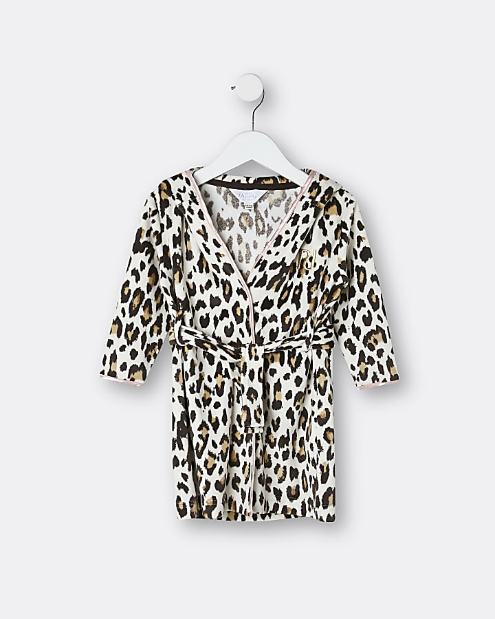 Mini girls brown leopard print robe