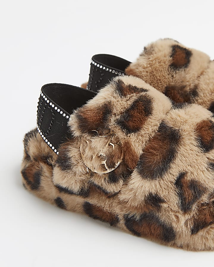 Mini girls brown leopard print slippers