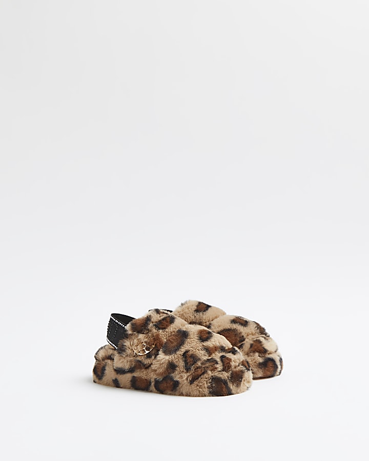 Mini girls brown leopard print slippers