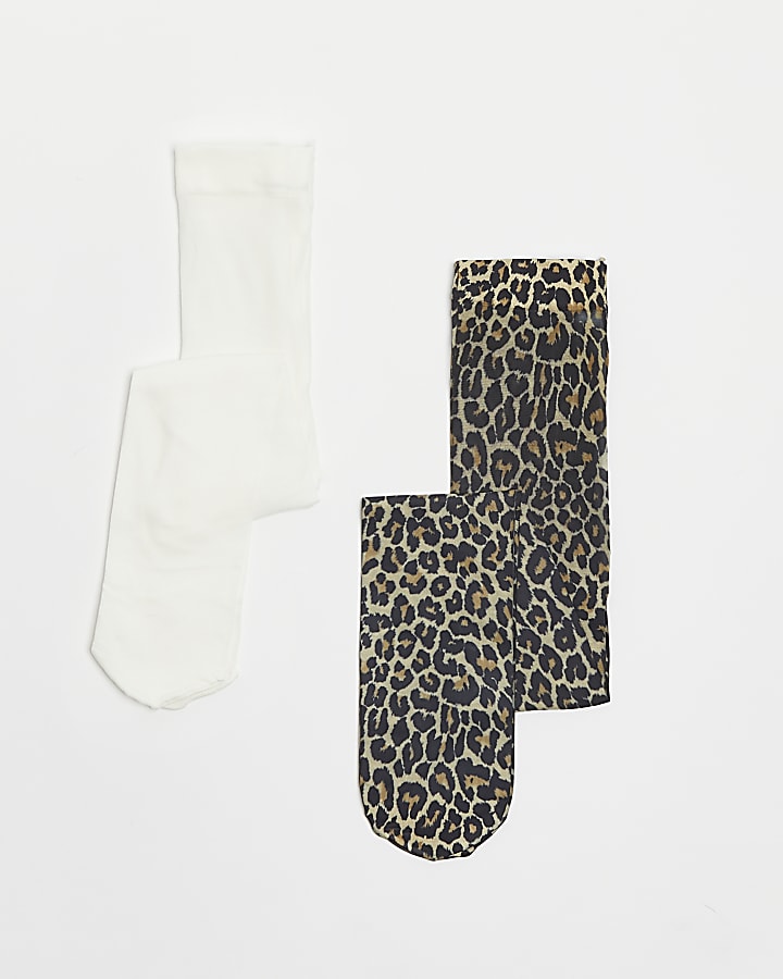 Mini girls brown leopard print tights 2 pack