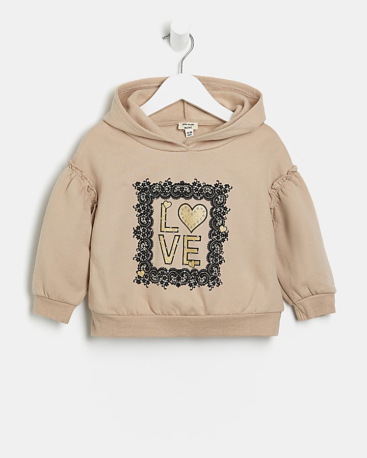 Mini girls brown 'Love' lace hoodie