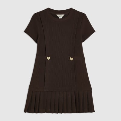 Mini Girls Brown Ponte Pleated Hem Dress