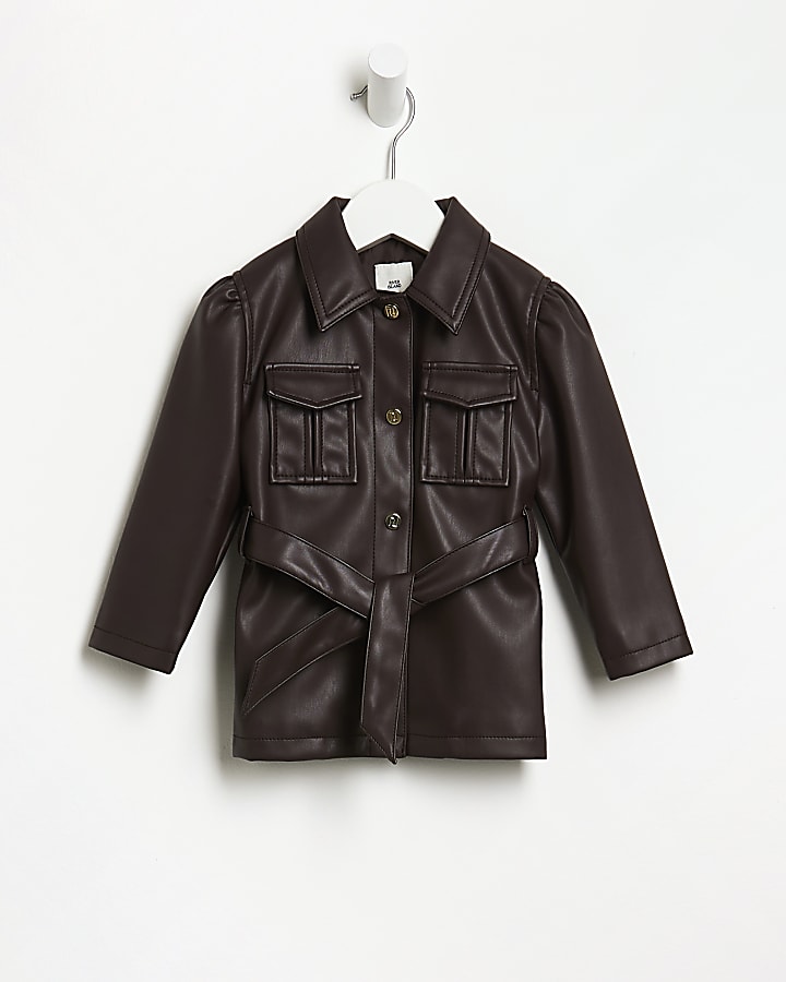 Mini girls brown PU longline belted jacket