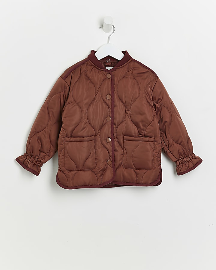Mini girls brown quilted puffer jacket